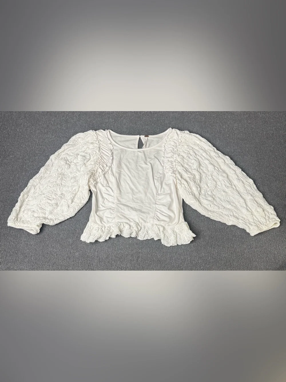 Free People Ivory Textured Puff Sleeve Peplum Blouse Size M
